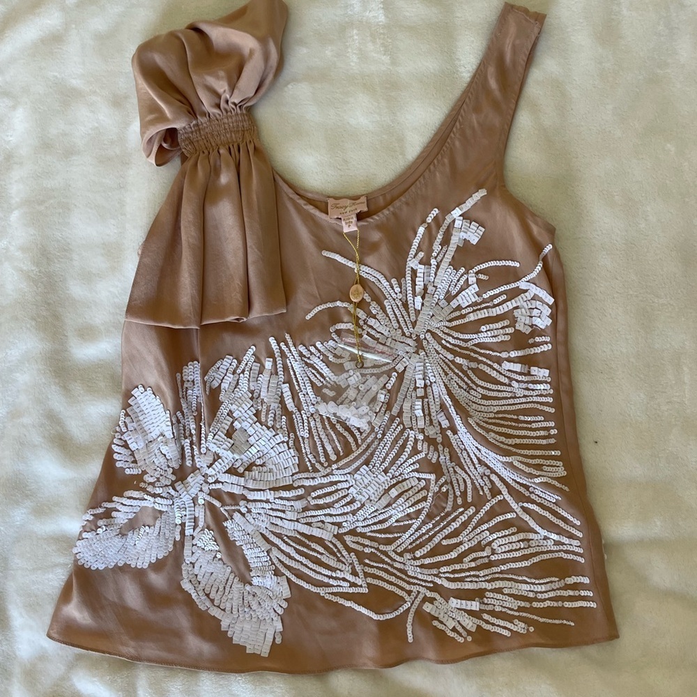 Anthro Tracy Reese Silk Tan Top with White Sequins